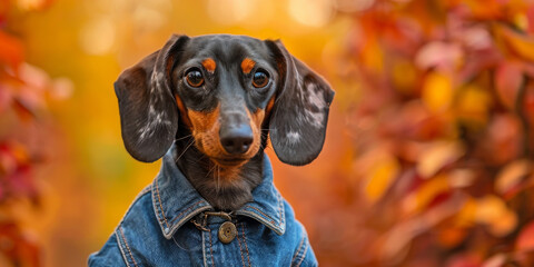 Adorable Dachshund in a Denim Jacket Against Fall Foliage Backdrop
