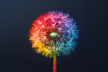 Vibrant Rainbow-Colored Dandelion Seed Head on a Dark Background