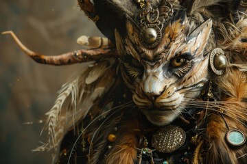 A cat with horns, feathers, fur, and whiskers in darkness