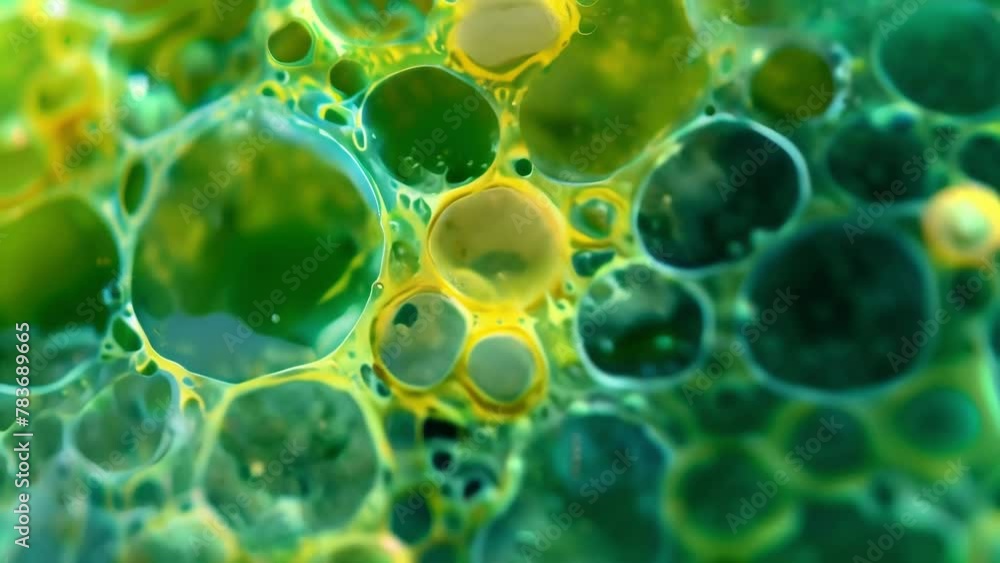 Poster A microscopic view of a vibrant bluegreen algae colony with tiny individual cells forming a complex and interconnected structure. . AI generation.