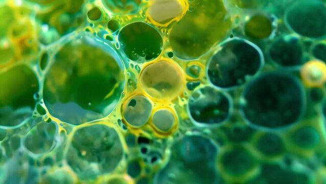 A microscopic view of a vibrant bluegreen algae colony with tiny individual cells forming a complex and interconnected structure. . AI generation.
