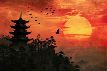 Tranquil Asia sunset. Nature beautiful china. Generate Ai