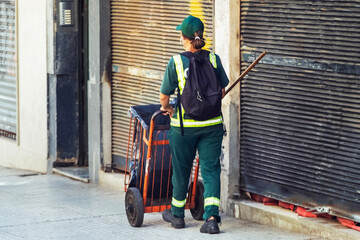 Female cleaner in a green uniform with a garbage container in Latin America.