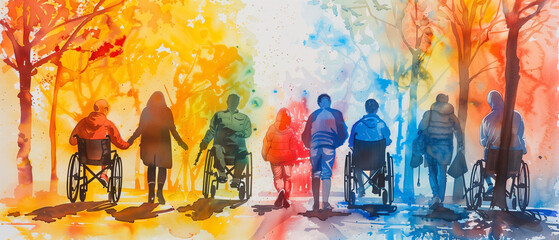 A colorful work of art depicting a diverse community of people celebrating International Day of Persons with Disabilities, with a wheelchair symbol in the background.
