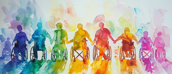 A colorful work of art depicting a diverse community of people celebrating International Day of Persons with Disabilities, with a wheelchair symbol in the background.
 - obrazy, fototapety, plakaty