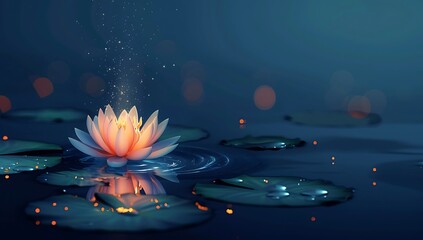 A glowing lotus flower floating on water, surrounded by lily pads and reflections