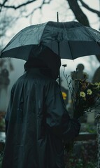person with flowers and black umbrella at funeral, miserable man at rainy cemetery