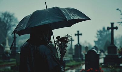 person with flowers and black umbrella at funeral, miserable man at rainy cemetery