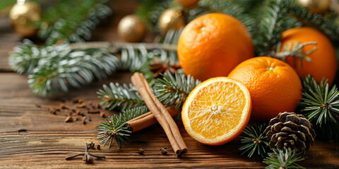 Obraz na płótnie Canvas Festive Citrus and Cinnamon Christmas Arrangement with Pine Cones