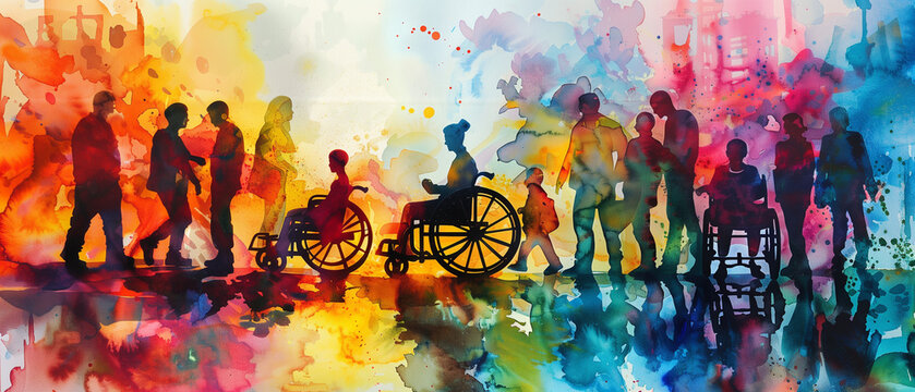 A colorful work of art depicting a diverse community of people celebrating International Day of Persons with Disabilities, with a wheelchair symbol in the background.
