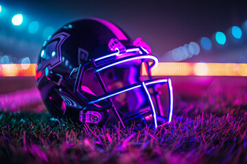 Neon-Lit American Football Helmet on Field at Night