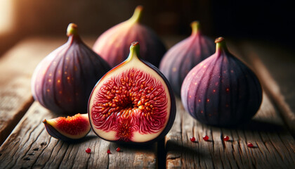 Close-up of fresh figs on a rustic wooden table, showcasing their ripe purple skin and vibrant red interior - obrazy, fototapety, plakaty