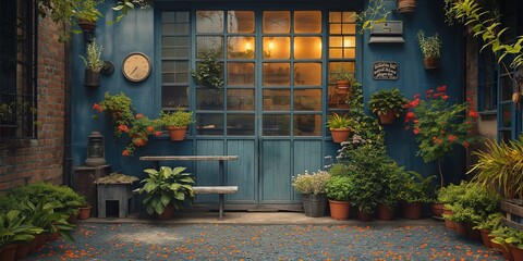 vintage house exterior with beautiful peaceful cute small backyard garden green area, Generative Ai