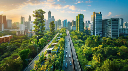 A sustainable urban skyline with green rooftops, solar panels, and lush foliage, blending nature with modern living