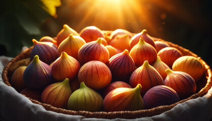Zoomed-in shot of figs in a basket, bathed in golden sunlight, capturing their warm hues and...