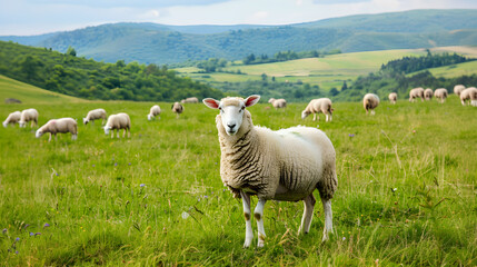 White sheep standing in lush meadow with backdrop of gentle green slopes under clear blue sky - 783690805