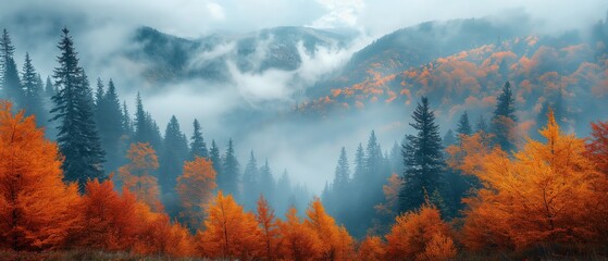 beautiful aerial view of autumn forest in morning with cloud drifting on  mountain peak, Generative Ai