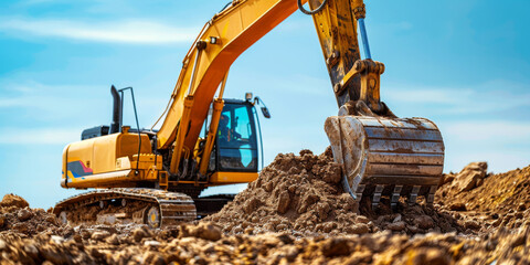 Heavy Duty Excavator at Construction Site on Sunny Day