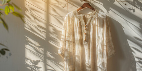 Sunny Day Vintage Shirt Display with Shadows on White Wall