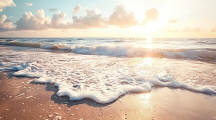 White ocean waves on the beach on a romantic morning. AI generated