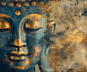 Painting of a buddha head on a wall