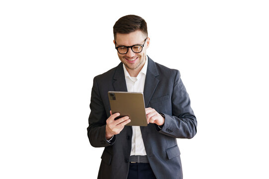 A positive manager with glasses in a suit uses a tablet office employee chief secretary. Transparent background.