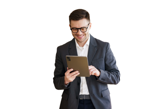 A positive manager with glasses in a suit uses a tablet office employee chief secretary. Transparent background.
