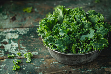 Obraz na płótnie Canvas Fresh Organic Kale in Rustic Metal Bowl on Weathered Wood