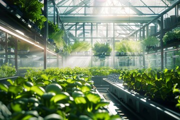 Green plants fill a sunny greenhouse, brightening the space with natural beauty - obrazy, fototapety, plakaty