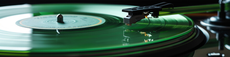 Vintage Vinyl Record Player with Green LP in Action