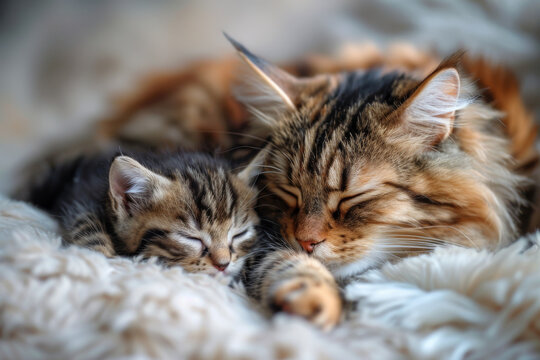 Serene Mother Cat and Kitten Cuddling on Fluffy Blanket