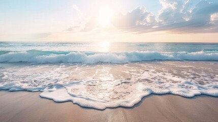 Blue sky, white clouds, blue sea, waves crashing against the shore, clean bright golden sand.