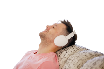 Relax a man listens to music with headphones. Transparent background.