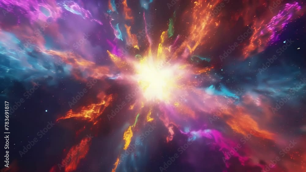 Poster A fiery explosion of neon particles spreading outwards and creating intricate patterns of light and color.