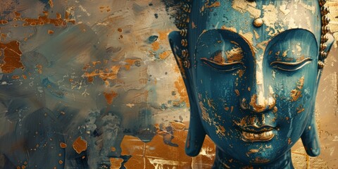 A painting of a blue buddha head