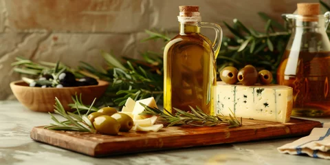 Fotobehang Gourmet Mediterranean Appetizers: Olive Oil, Cheese, and Olives on Wooden Board © smth.design