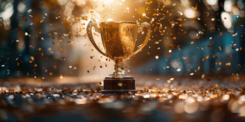 Glittering Golden Trophy Cup Amidst Sparkling Confetti Celebration - obrazy, fototapety, plakaty