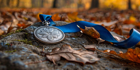 Autumnal Achievement: Silver Medal with Blue Ribbon Amidst Fallen Leaves