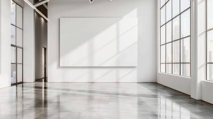 White office and blank banner in interior with large window.