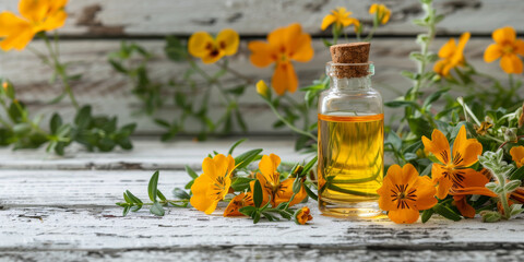 Essential Oil Bottle Surrounded by Fresh Yellow Flowers on Rustic Wood - obrazy, fototapety, plakaty