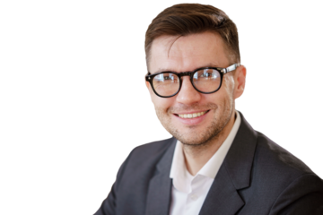 Portrait of a close-up positive manager with glasses in a suit, looking at the camera smiling, office employee chief secretary. Transparent background.