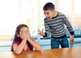 Scream, siblings and children in argument in home for conflict, bullying or discipline with...