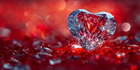 Sparkling Heart-Shaped Diamond on Red Glitter Background