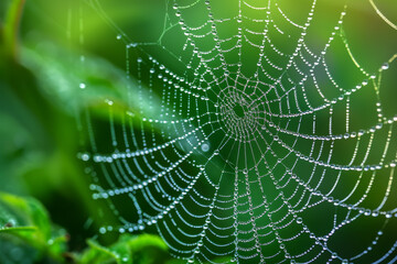 Dew-Covered Spider Web on Green Foliage Background