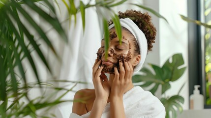 Woman in a towel with facial mud mask sitting in front of a plant in spa setting