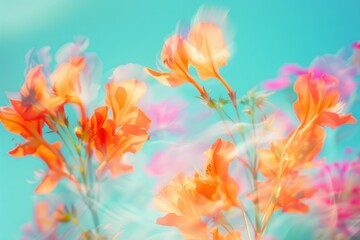 Bright orange flowers in a vase against a blurred blue sky background on a sunny day