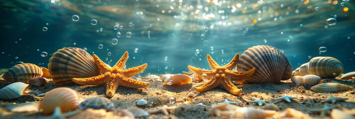 Underwater Sunshine with Starfish and Seashells on Ocean Floor