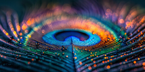 Vibrant Peacock Feather Close-Up with Glowing Bokeh Effect