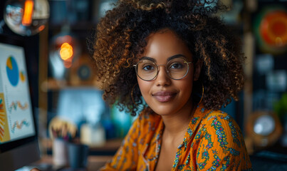 Beautiful Black Businesswoman Analyzing Marketing Data on Computer, Strategizing Digital Campaign