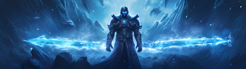 Blue Energy Warrior Standing in Snowstorm Fantasy Wallpaper - obrazy, fototapety, plakaty
